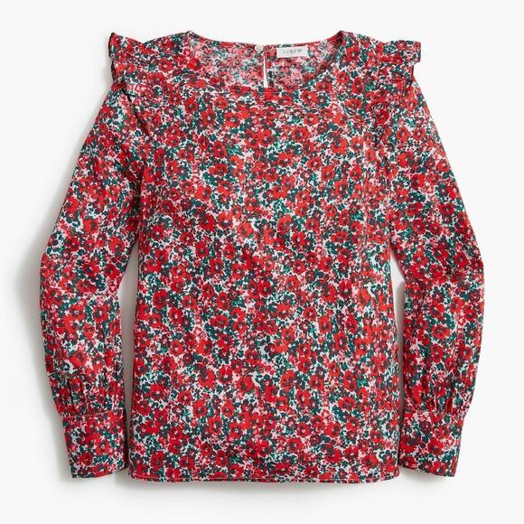 J.‎ Crew Cotton-Blend Poplin Ruffle Top Red Ditsy Floral Bohemian Womens XS - Picture 12 of 12